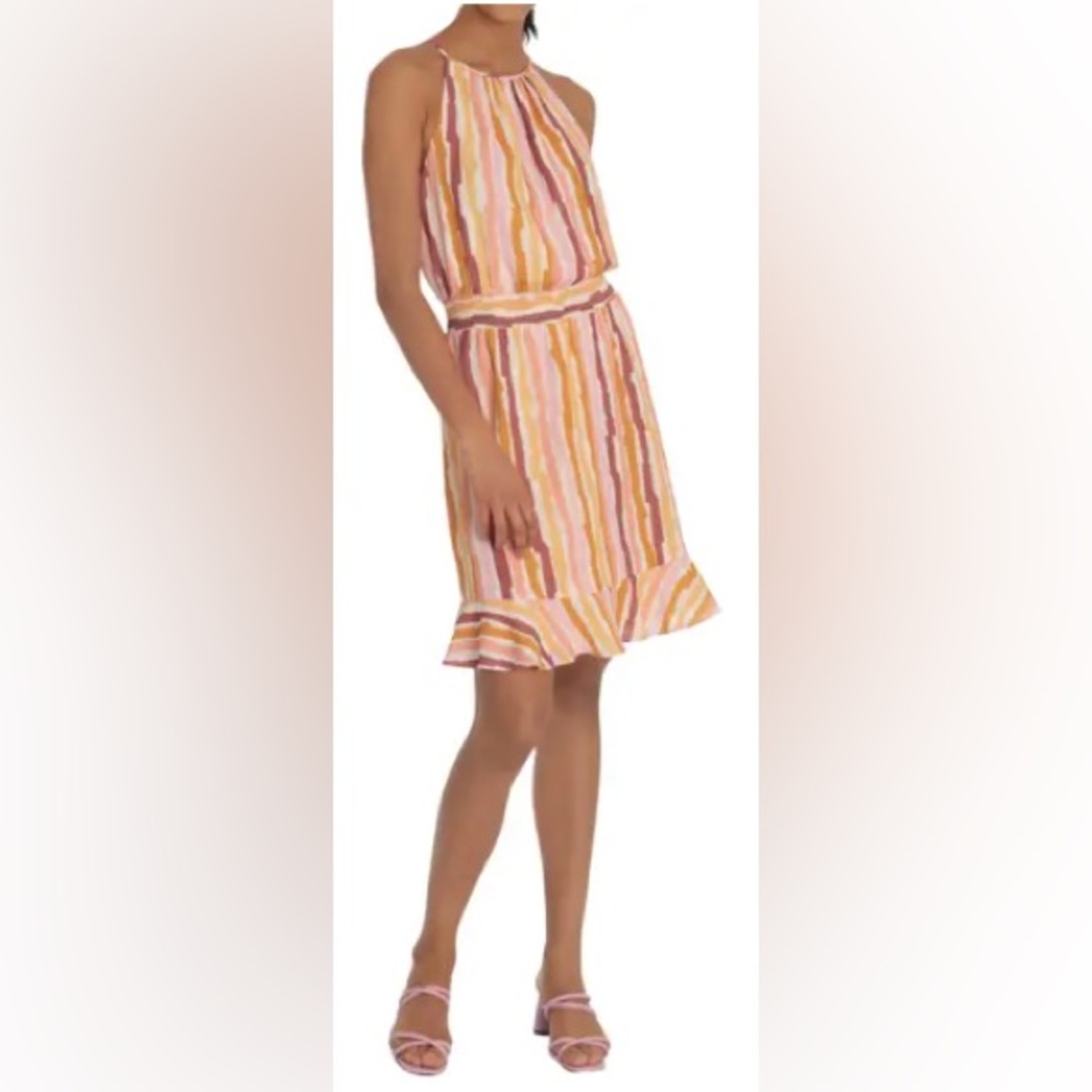 Donna Morgan Halter Neck Stripe Print Smocked Waist Dress